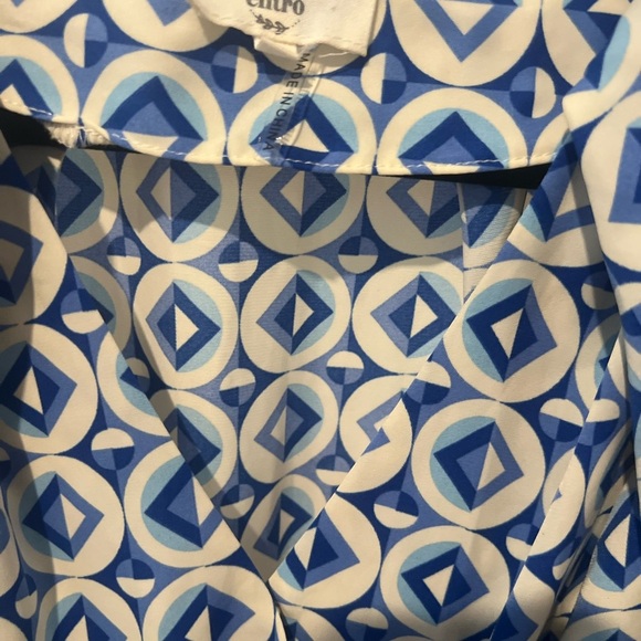 Entro Blue Geo Print V-Neck Puff Sleeve Mini Dress / Size M - Picture 3 of 6